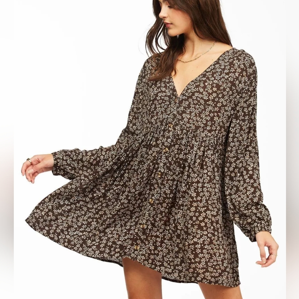 Billabong On The Way Babydoll Dress Off Black Floral Long Sleeve V-neck